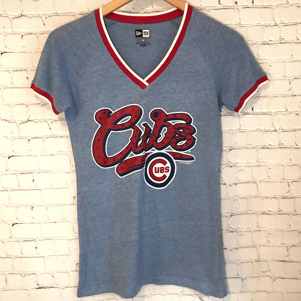 NEW ERA Y2K RIBBED V NECK CUBS RHINESTONE SHIRT BLUE SMALL